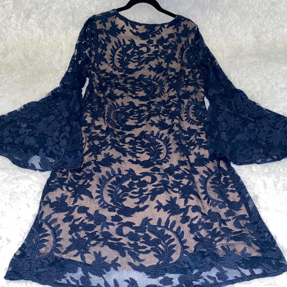 Bronte Lace Overlay Nude Lining Bell Sleves Navy Blue - Picture 7 of 8